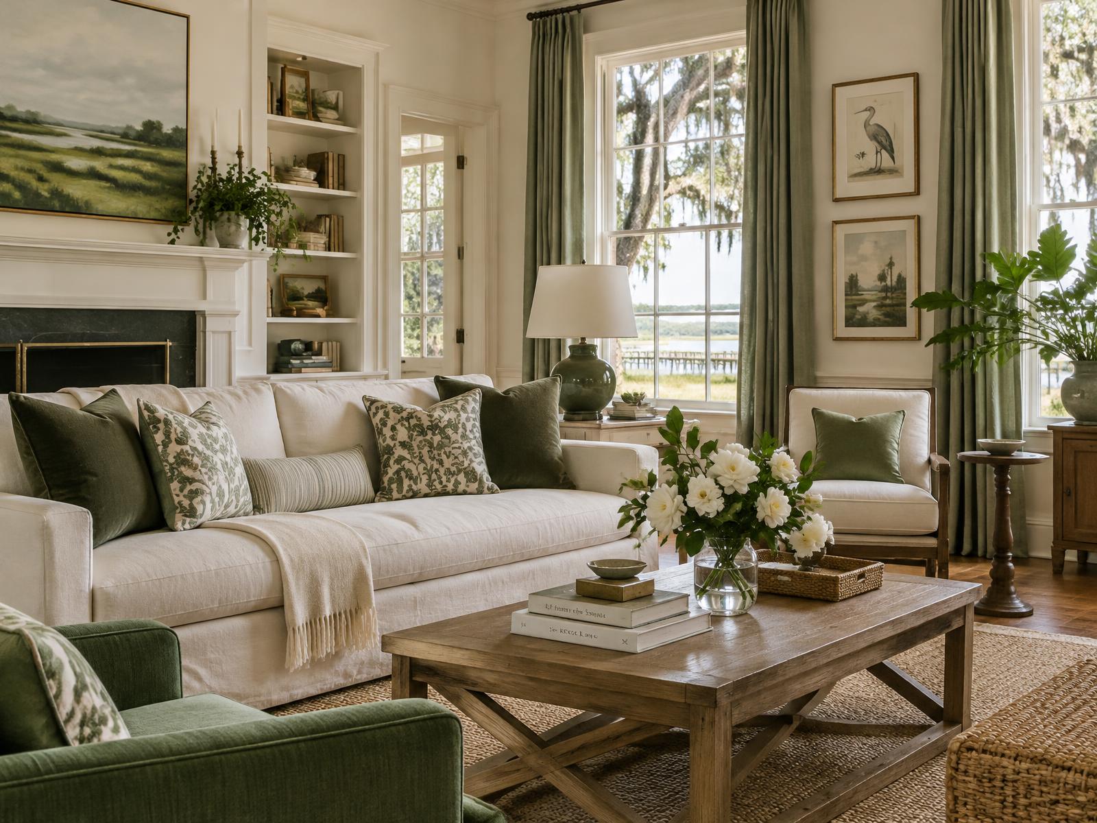 A bright, tidy living room with a linen sofa and white gardenias on the coffee table (illustrative image)